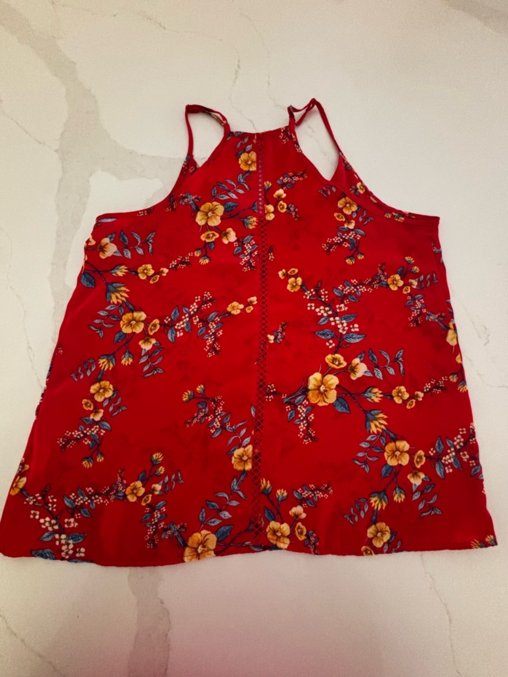 Pink Rose Red Floral Halter Tank Top - Women's Sleeveless Blouse Size Large EUC